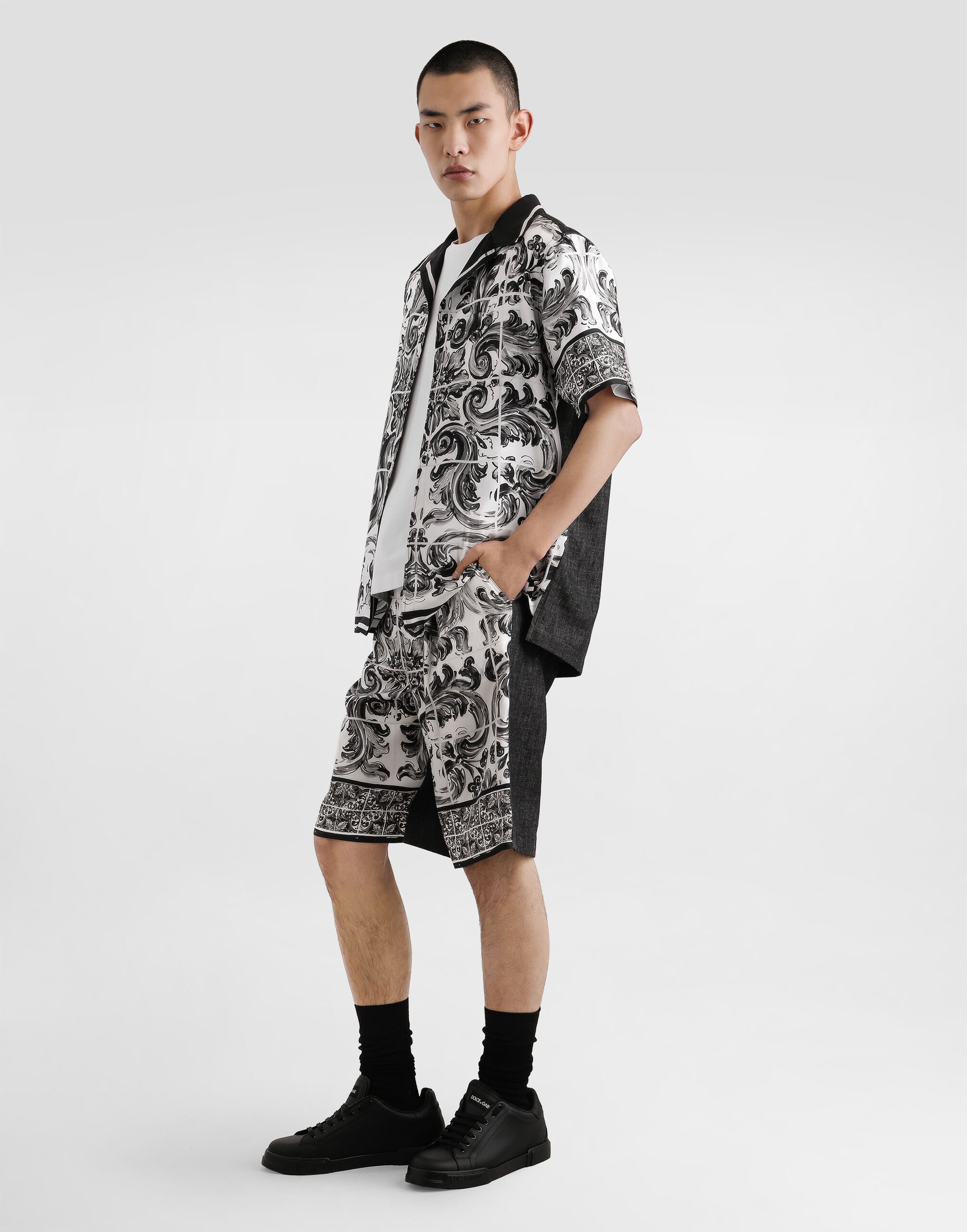 DOLCE & GABBANA コントラストハイヒンクハシャマシャツ DOLCE&GABBANA ドルガバ マヨルカプリント 長袖 ホワイトシャツ