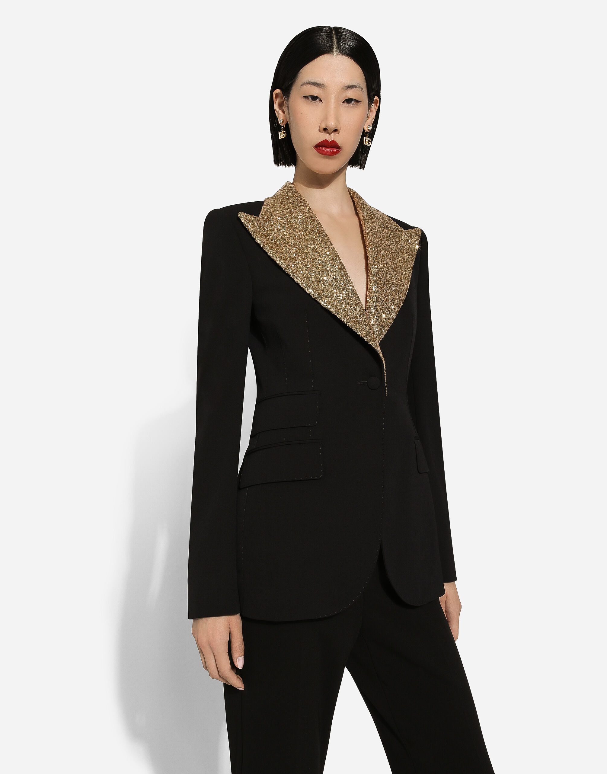 Single breasted wool Turlington jacket with sequined lapels in Black for Women Dolce Gabbana
