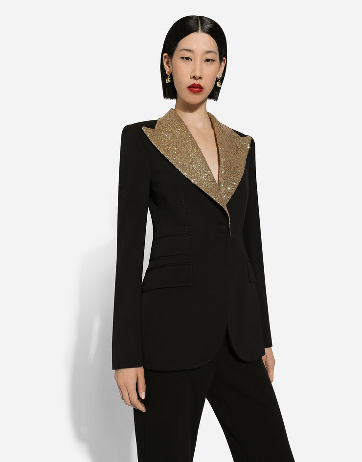 Dolce & Gabbana Veste droite Turlington en laine avec revers pailletés Noir F29DOTFUBGB