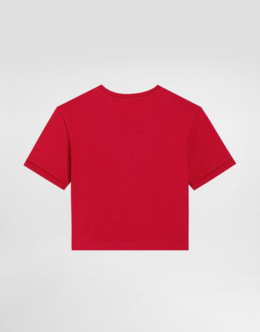 Dolce&Gabbana Jersey T-shirt with rhinestone logo Fuchsia L5JTLKG7J6P
