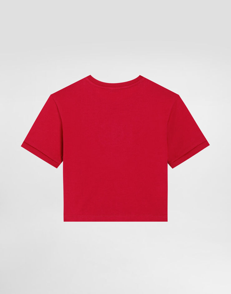 Dolce&Gabbana Jersey T-shirt with rhinestone logo Fuchsia L5JTLKG7J6P