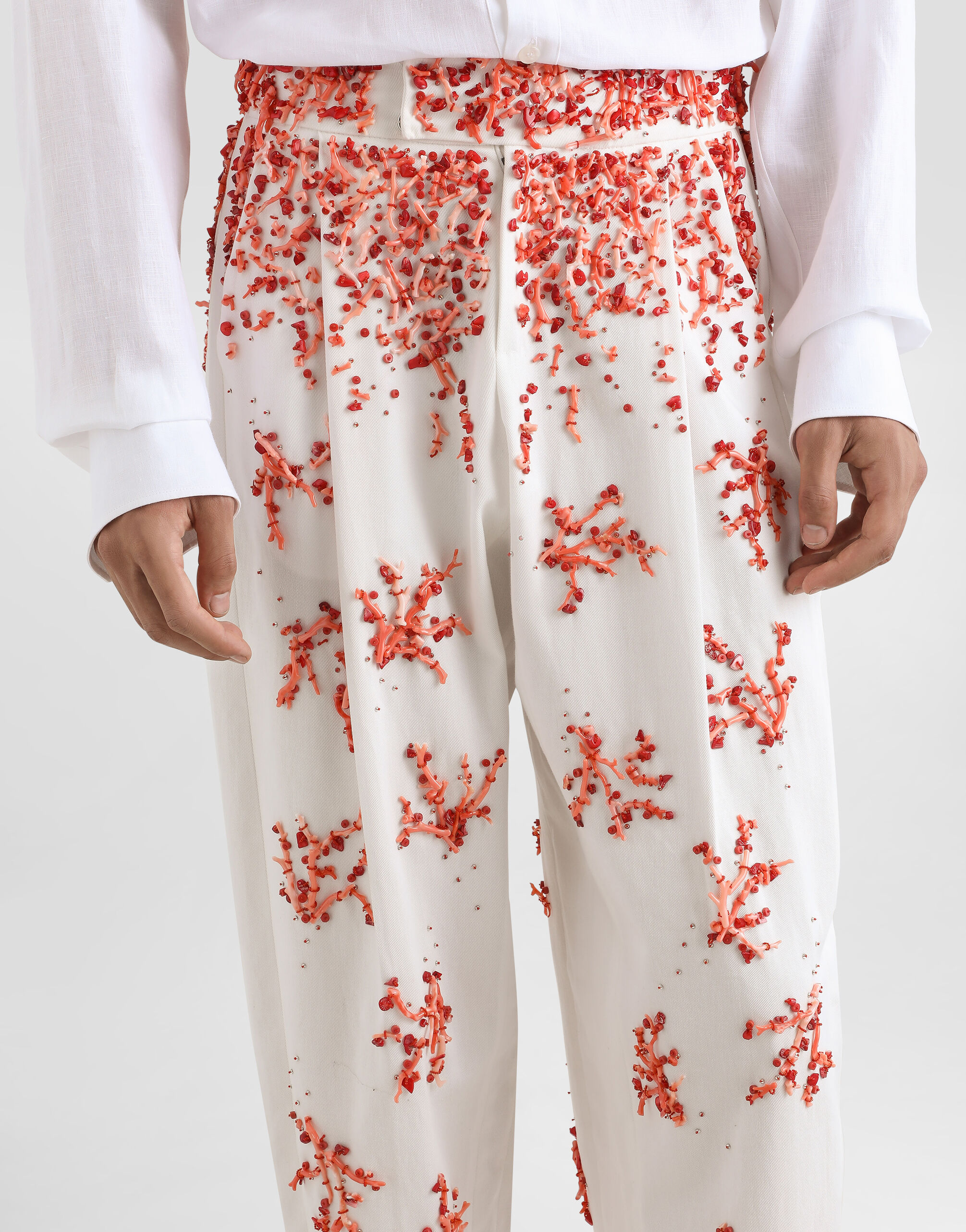 Cotton twill pants with coral embroidery in Multicolor for Men