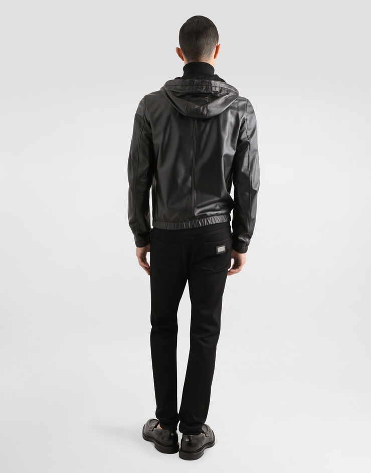 Dolce & Gabbana Leather jacket with hood and branded tag Black G9ZY6LHULR0