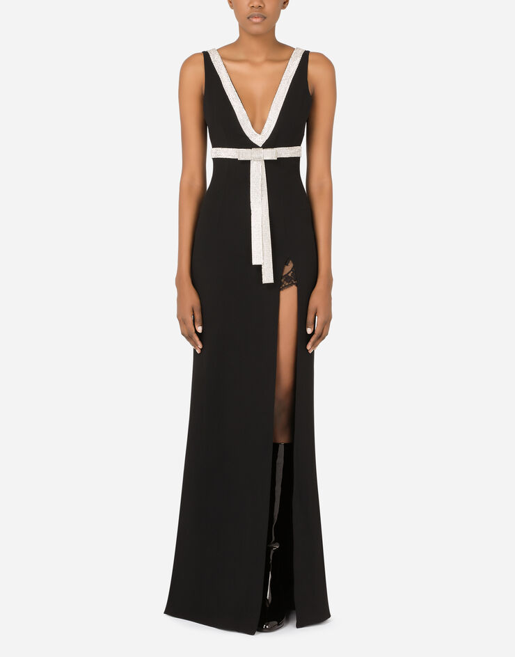 Dolce & Gabbana Robe longue en cady à ornement en strass Noir F6R7YZFUIAH