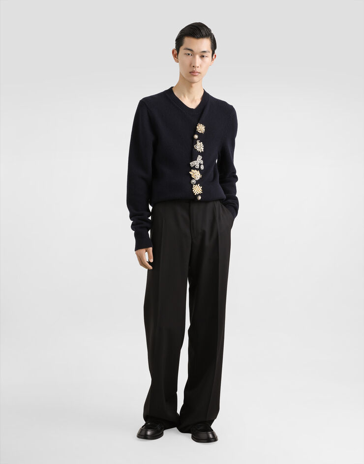 Dolce & Gabbana Wool round-neck sweater with bejeweled buttons Blue GXX91ZJCVWR