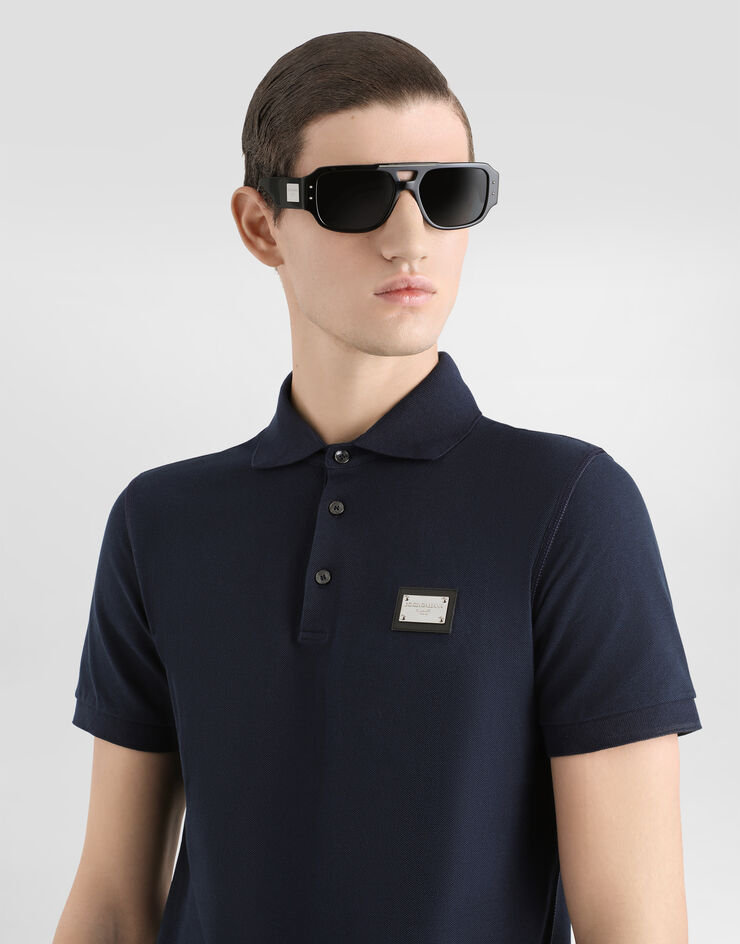Dolce & Gabbana Poloshirt Baumwollpikee mit Logoplakette Blau G8PL4TG7F2H