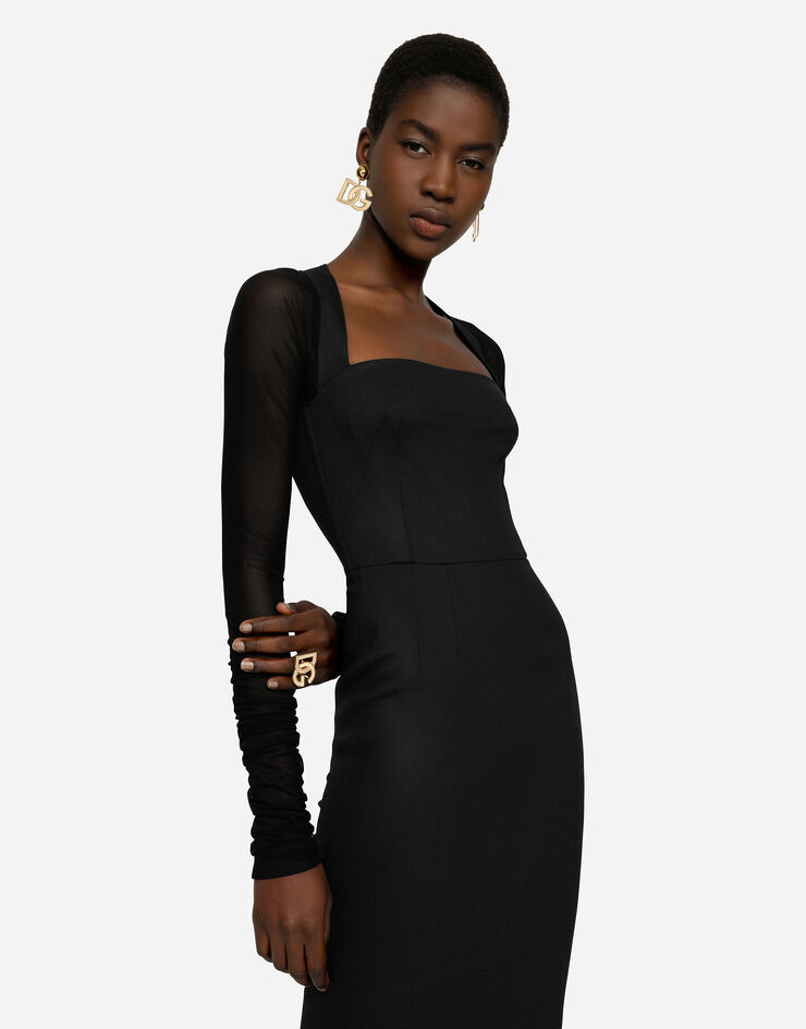 Dolce & Gabbana Sable calf-length dress with tulle sleeves Black F6R1KTFURE2