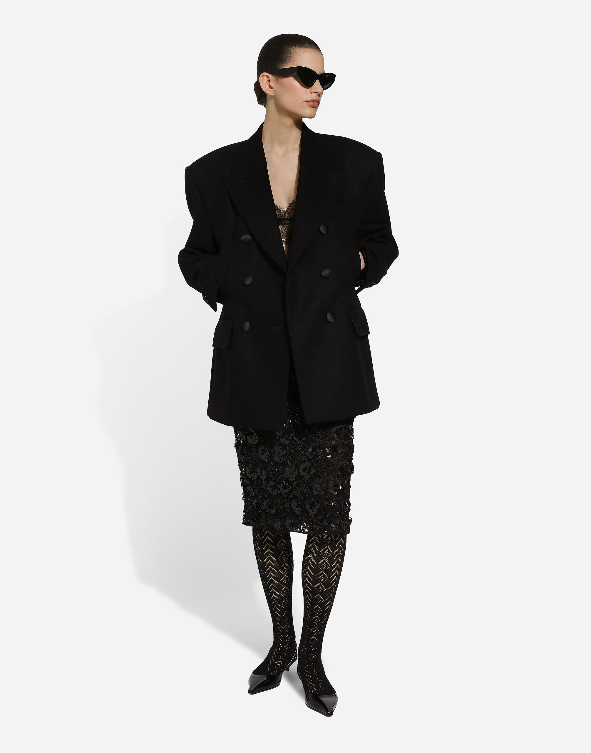 Lace calf-length skirt with all-over sequins in Black for Women