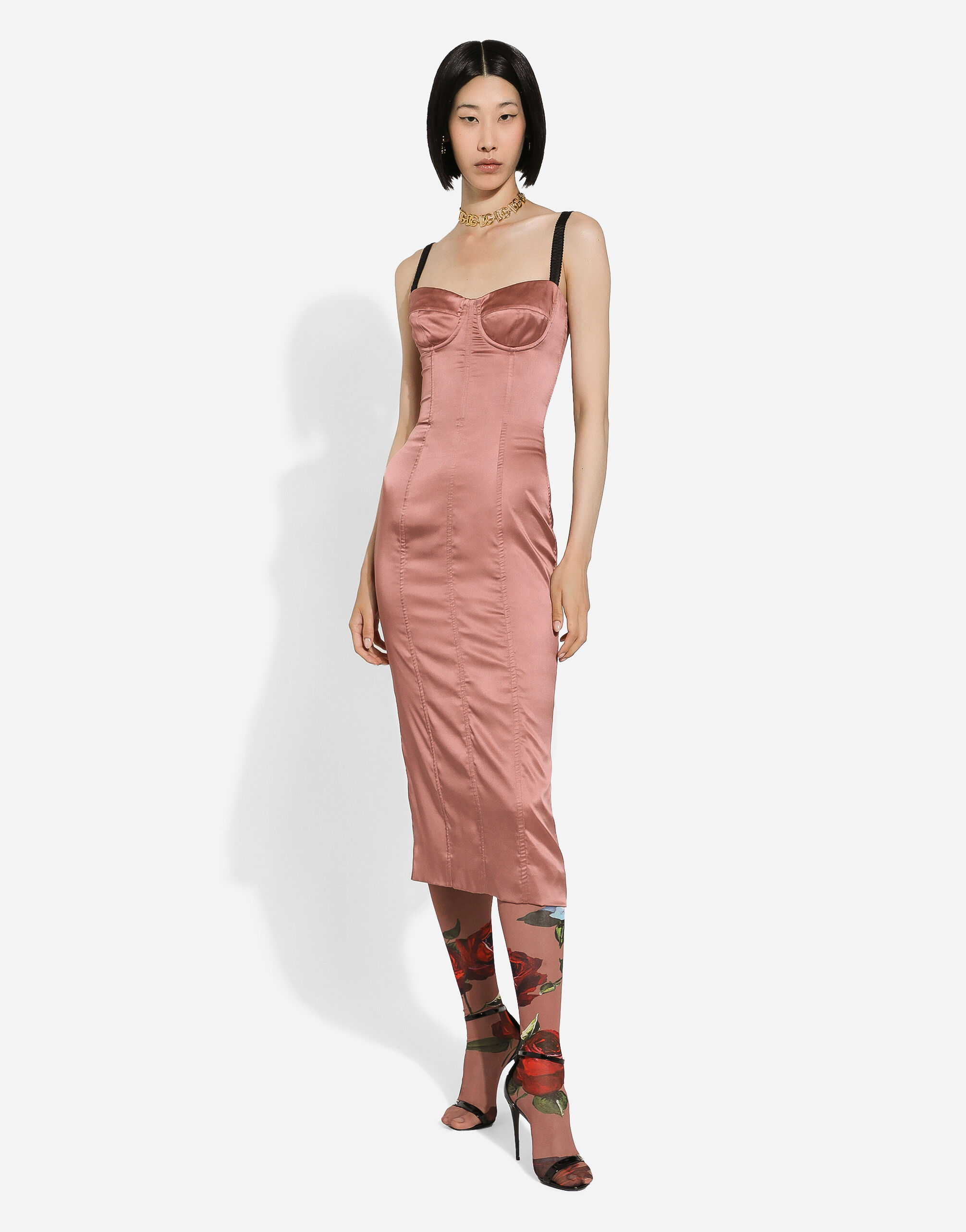 Satin calf length corset dress in Pink for for Women Dolce Gabbana