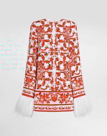 Dolce & Gabbana Majolica-print charmeuse dress with feather trim Multicolor F6ZW4ZGDDRJ