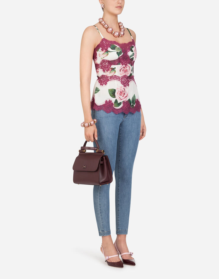 Dolce & Gabbana TROPICAL ROSE PRINT CHARMEUSE TOP WITH SHOULDER STRAPS AND LACE DETAILS IMPRIMÉ FLEURI F74E1TFSAZD