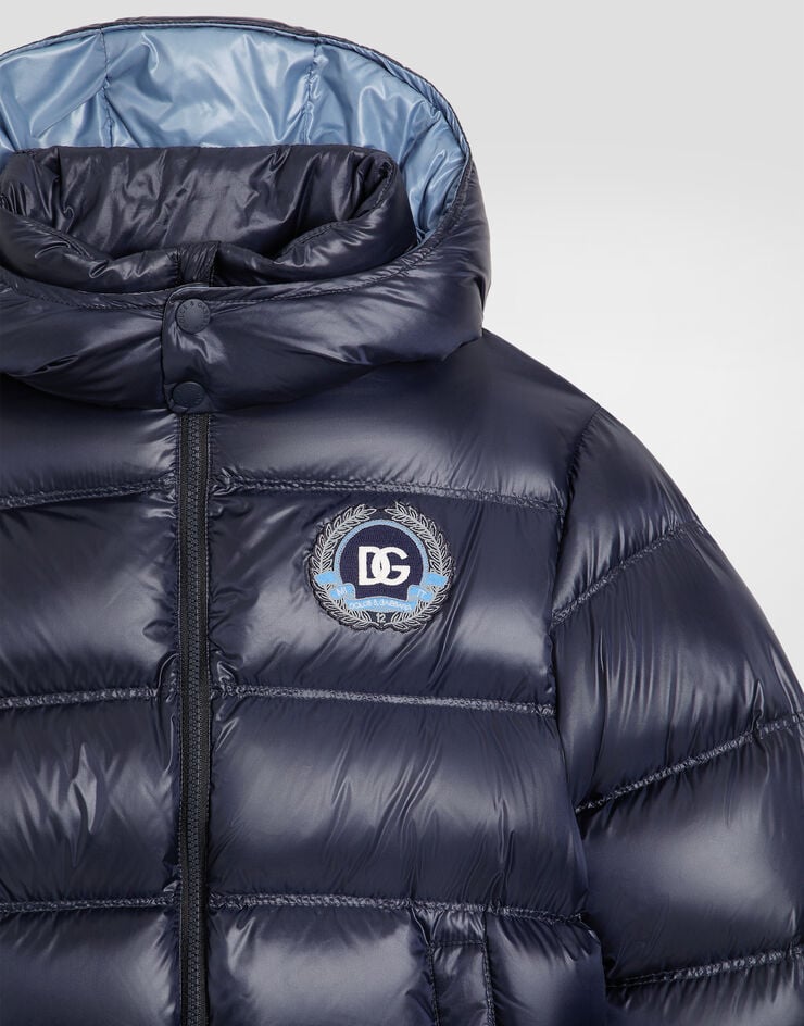 Dolce & Gabbana Long down jacket with detachable hood in shiny nylon Blue L4JB6FFUS3Y