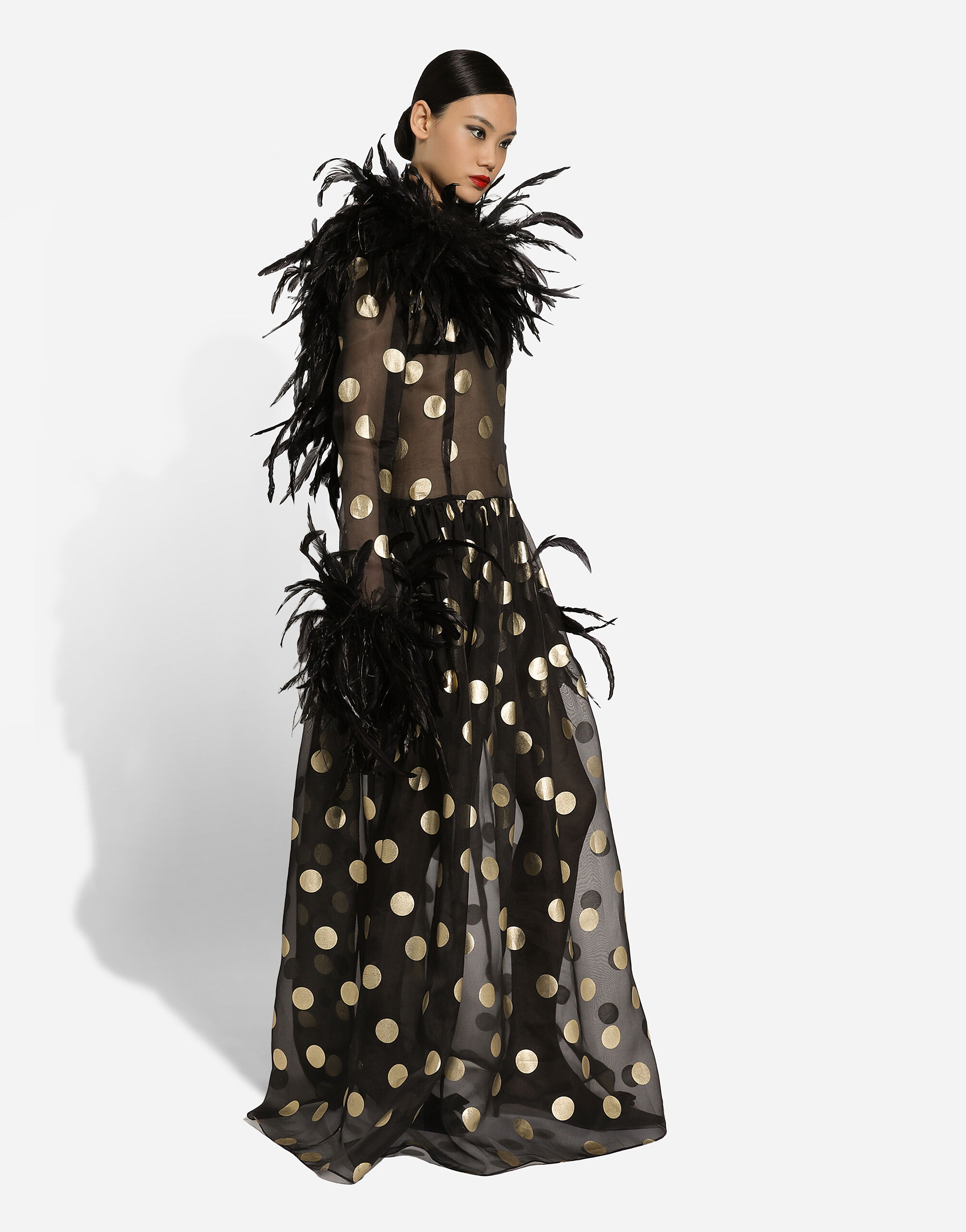 Long polka dot silk organza dress with feathered details in Print for Women Dolce Gabbana