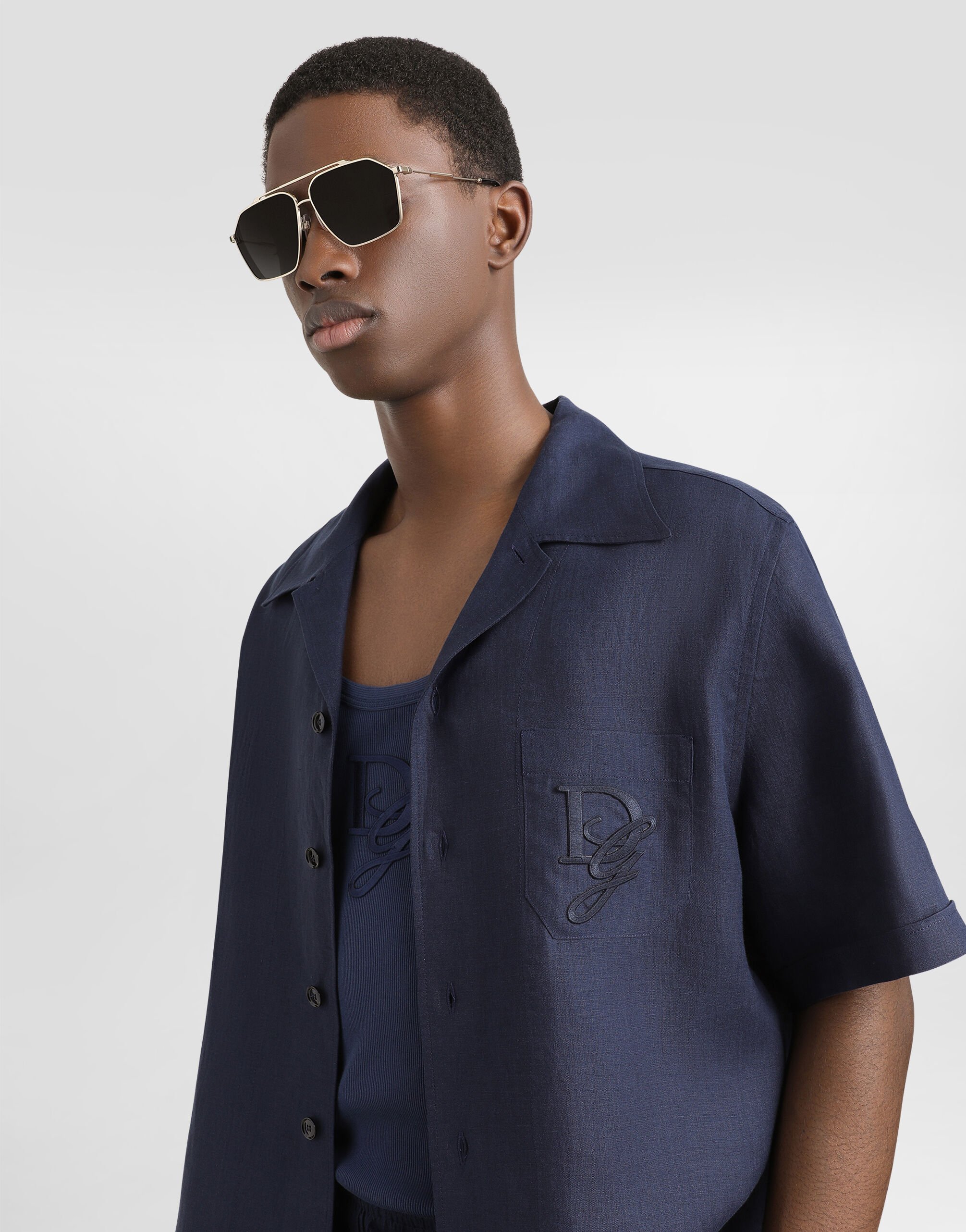 DOLCE & GABBANA DGロコ刺繍半袖シャツ G5JH9ZFU4LG B0665 Linen shirt with logo embroidery in Blue for Men