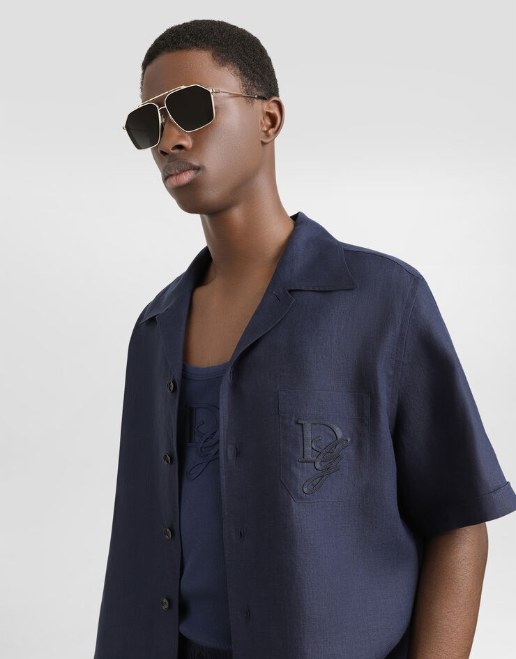 Dolce & Gabbana قميص كتان بتطريز شعار أزرق G5JH9ZFU4LG
