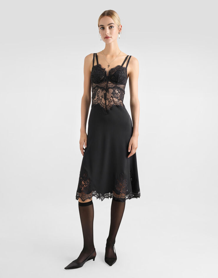 Dolce & Gabbana Lace and charmeuse calf-length slip dress Black F6JTATFUABF
