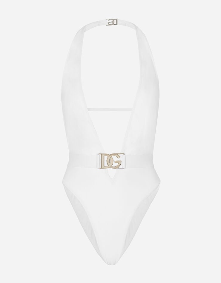 Dolce & Gabbana One-piece swimsuit with plunging neck and belt White O9B74JONO12