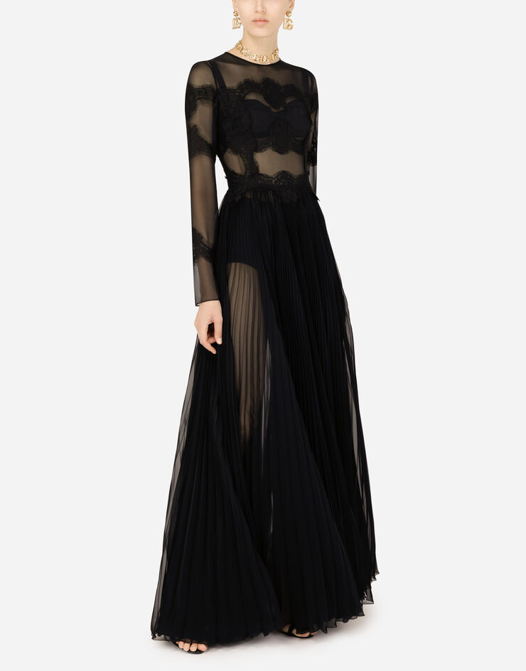Dolce & Gabbana Long chiffon dress with lace details Black F6ZL4TFUSMU