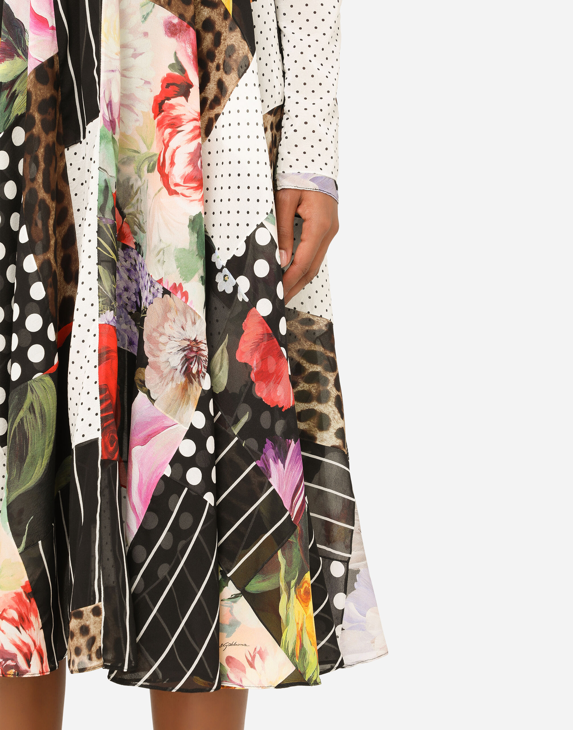Patchwork chiffon and georgette calf-length dress