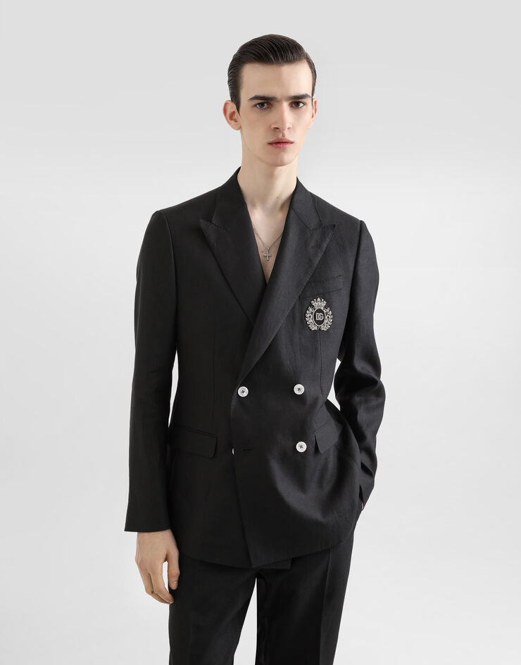 Dolce & Gabbana Double-breasted linen jacket with patch Black G2TJ2ZFU4K6