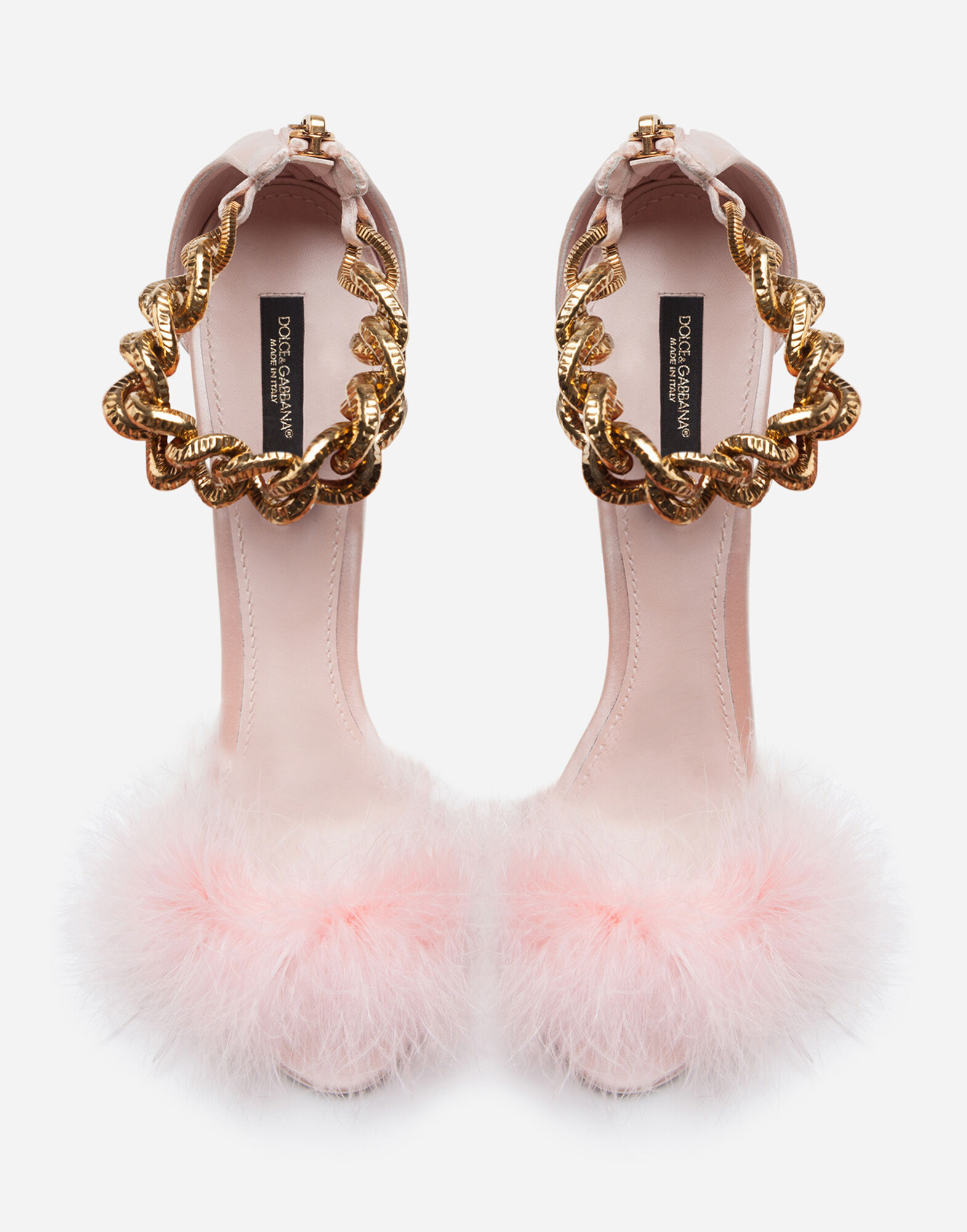 Marabou sandals with chain embellishment