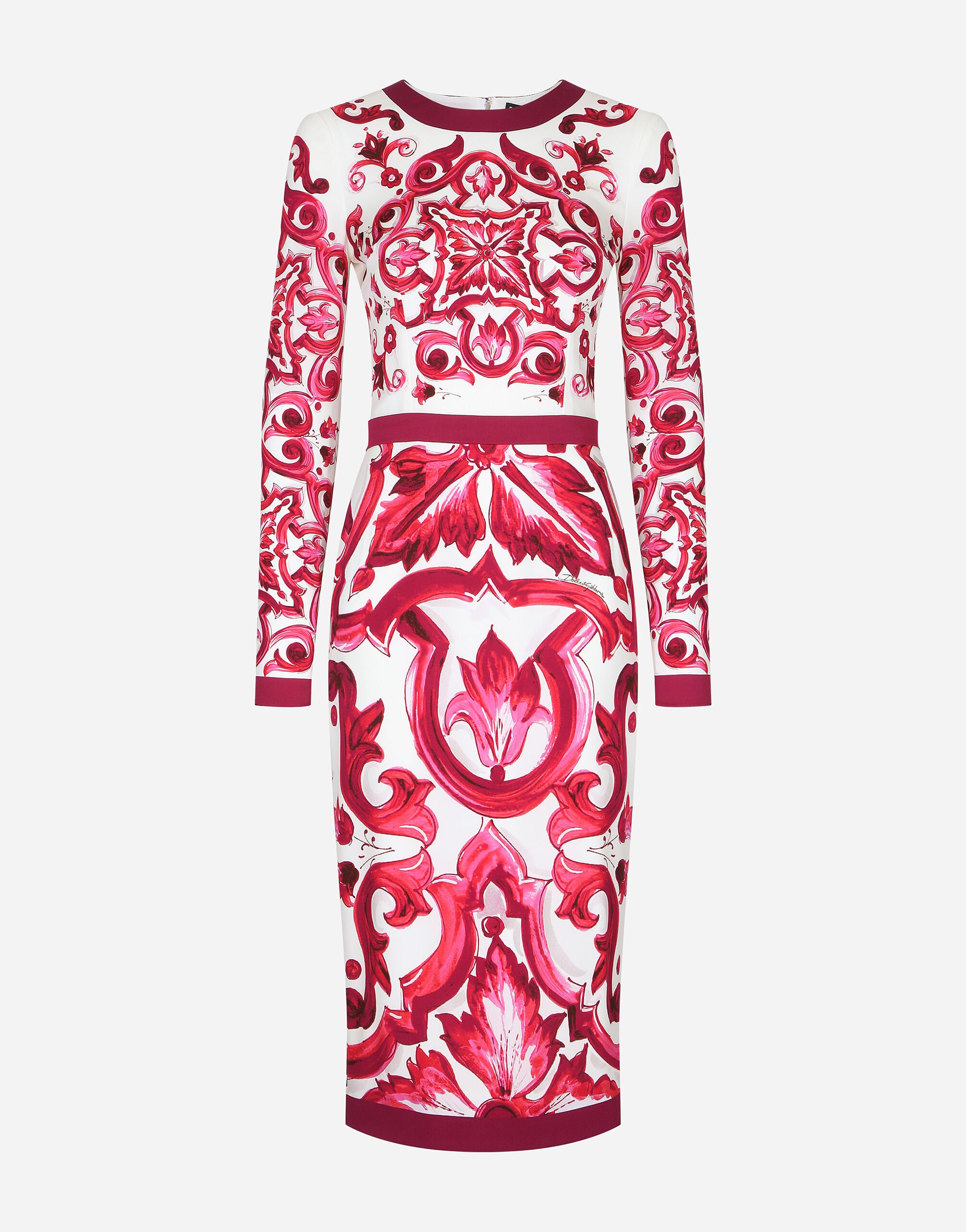 Dolce & Gabbana 마욜리카 프린트 샤르뫼즈 미디드레스 푸시아 핑크 BB6003A1001