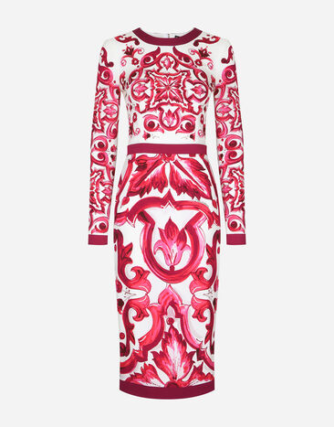 Dolce & Gabbana 마욜리카 프린트 샤르뫼즈 미디드레스 푸시아 핑크 BB6003A1001