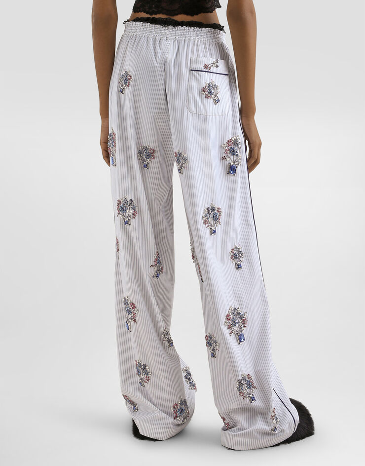 Dolce & Gabbana Striped poplin trousers with crystal flower embroidery Multicolor FTDJDZGDDSK