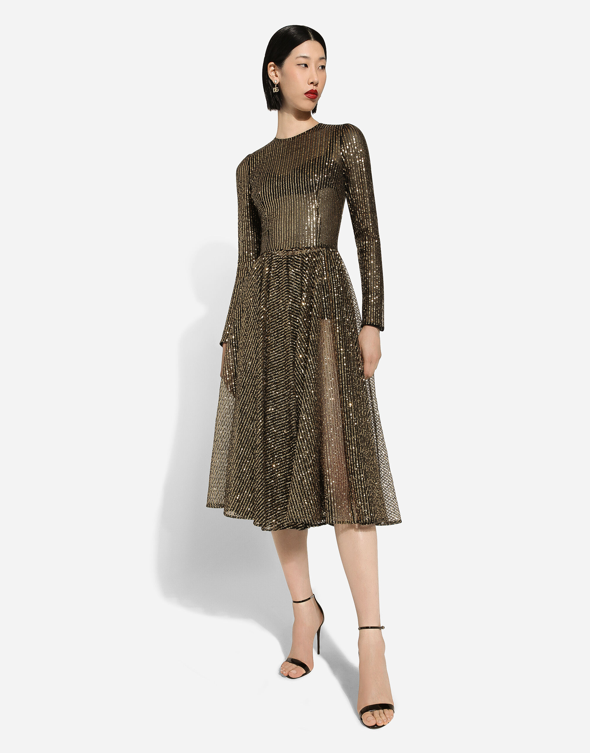 Long-sleeved sequined midi dress in Gold for Women | Dolce&Gabbana® US