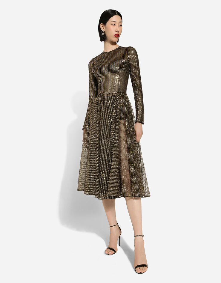 Dolce & Gabbana Pailletten-Midikleid mit langem Arm Gold F6DFTTFLSI0
