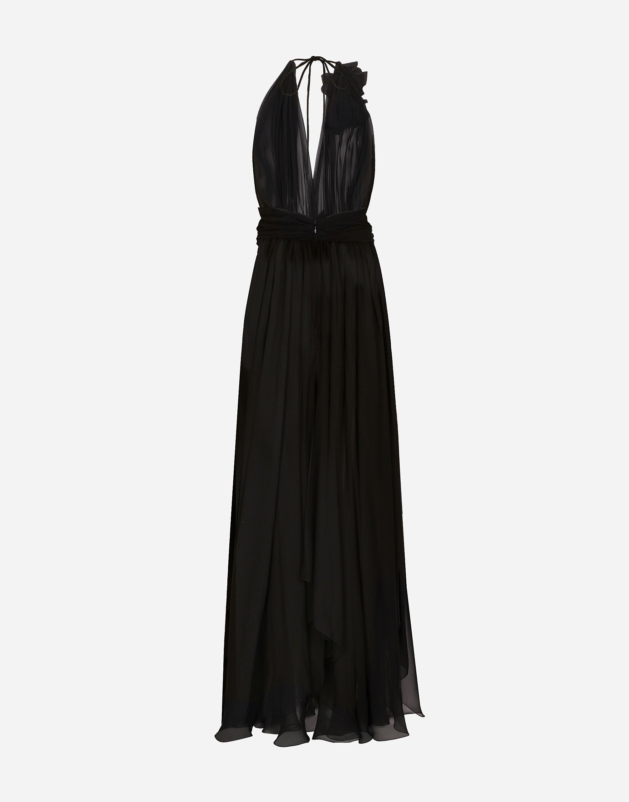 Long silk chiffon dress with floral appliqué in Black for