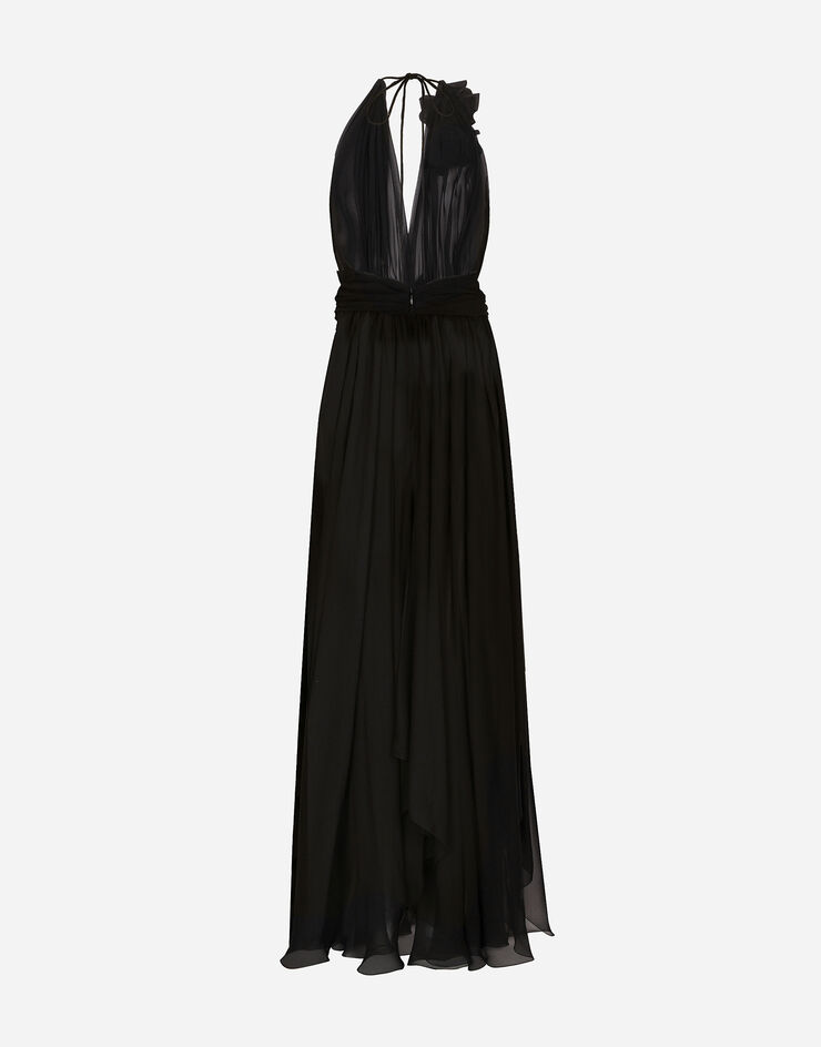 Dolce&Gabbana Langes Kleid aus Seidenchiffon mit Blumenapplikationen Schwarz F6DJSTFU1AT