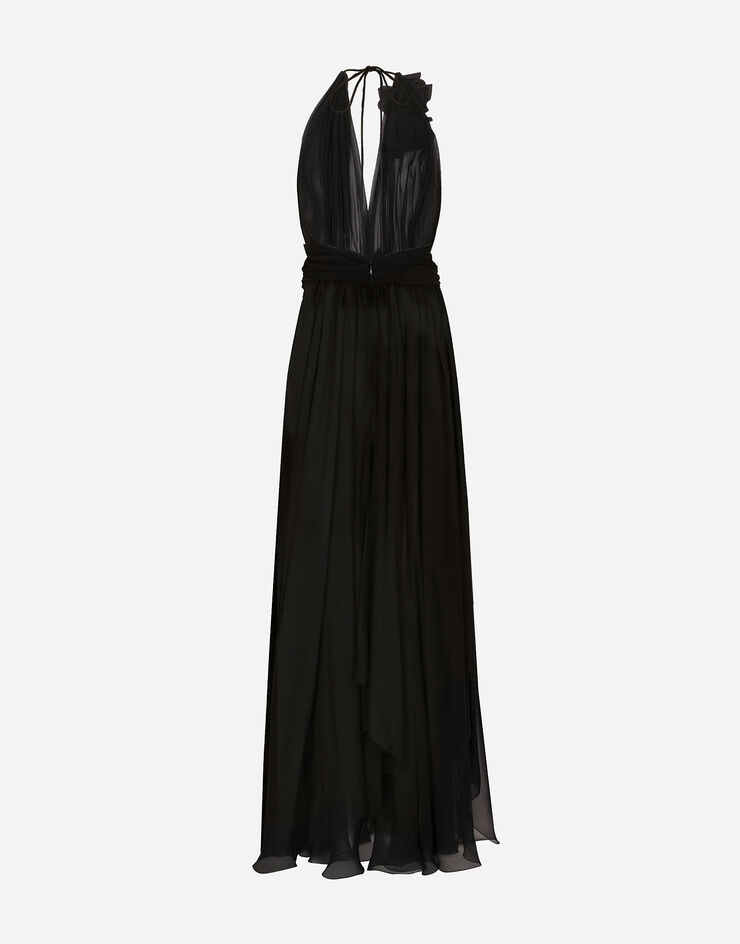 Long silk chiffon dress with floral appliqué in Black for Women | Dolce ...