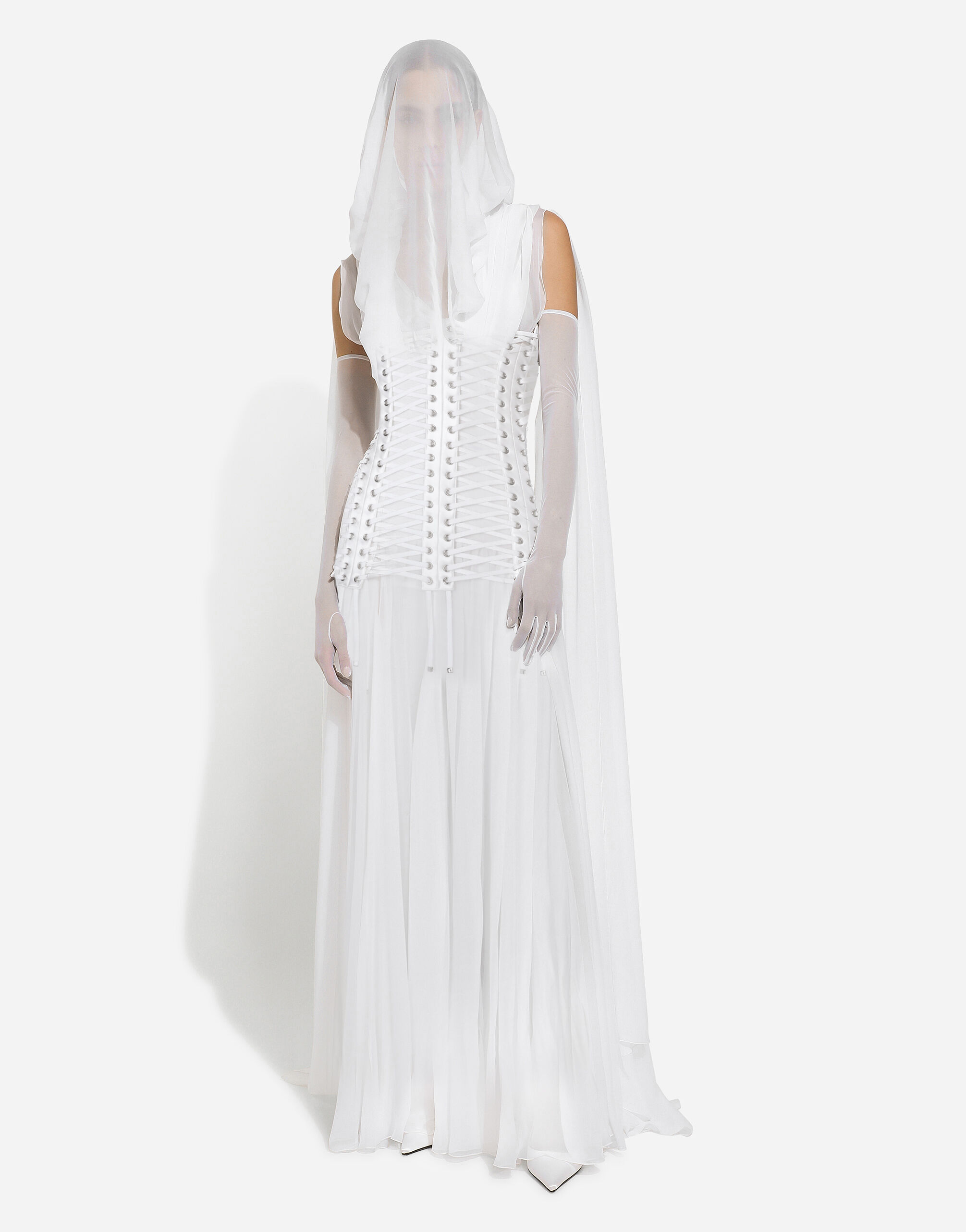 Long chiffon dress with corset details in White for Women