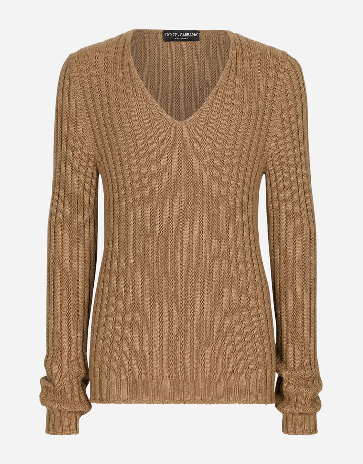 Dolce&Gabbana Ribbed camel V-neck sweater Beige GXR06TJCVH1