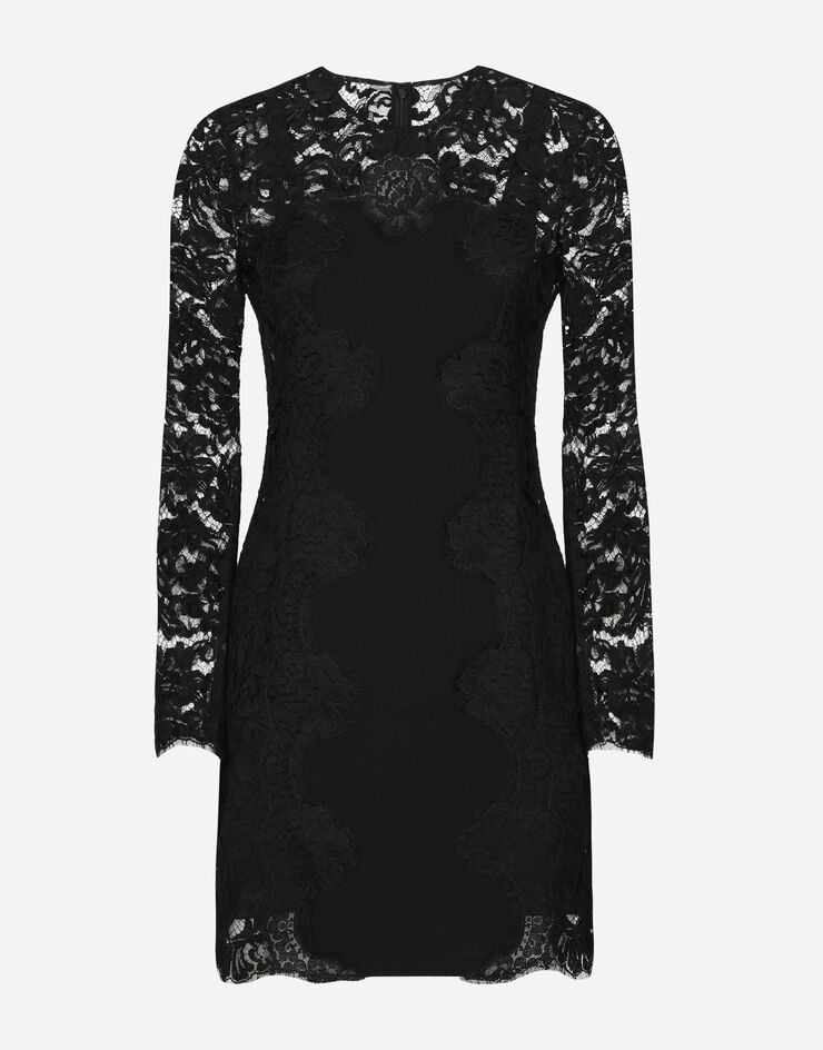 Dolce & Gabbana Kurzes Kleid aus Kordelspitze und Einsatz aus Jersey Schwarz F6CMFTHLMDA