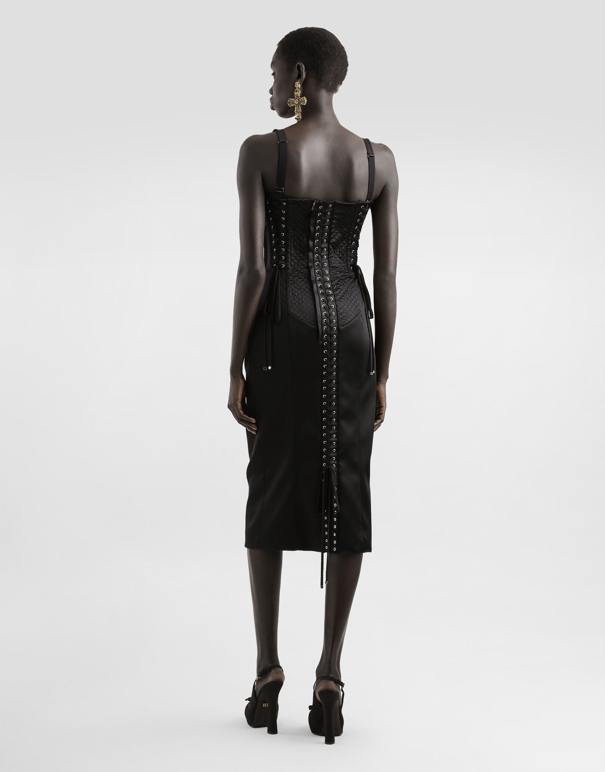 Strapless satin dress with corset details in Black for Women