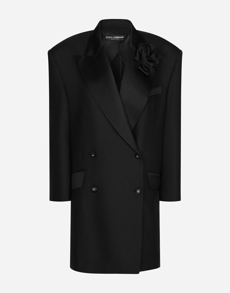 Dolce&Gabbana Oversize double-breasted canvas jacket with floral appliqué Black F29QJTGDB4H