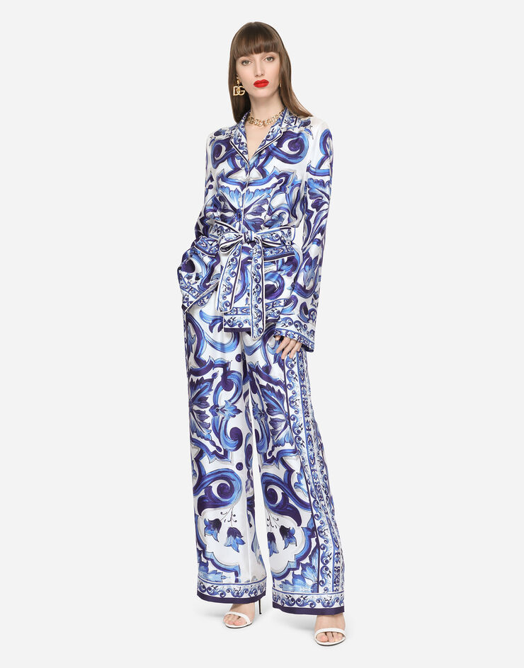 Dolce & Gabbana Pyjamabluse aus Twill Majolika-Print Mehrfarbig F5N53THI1BB