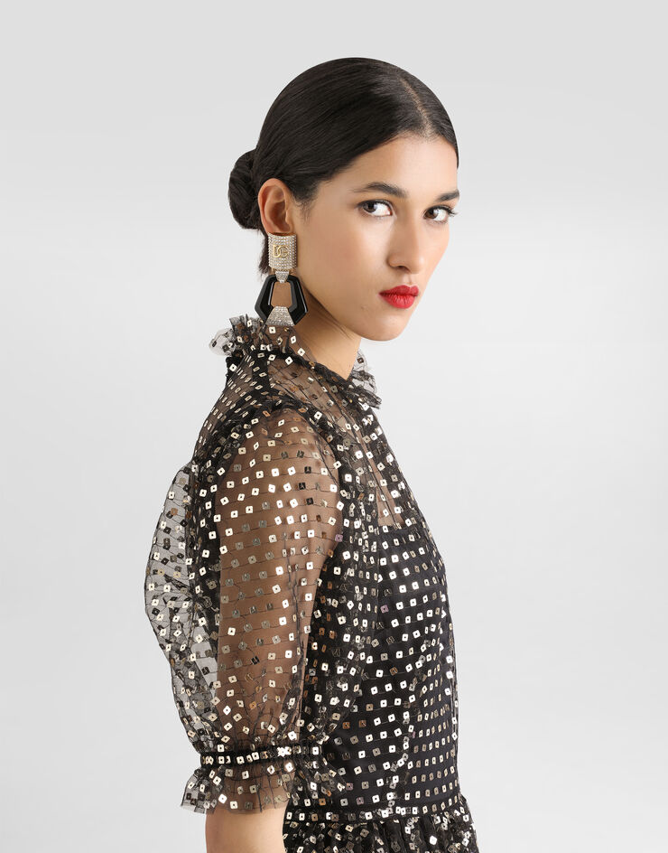 Dolce & Gabbana Calf-length tulle babydoll dress with sequin embellishment Gold F6TKQTFLSHD