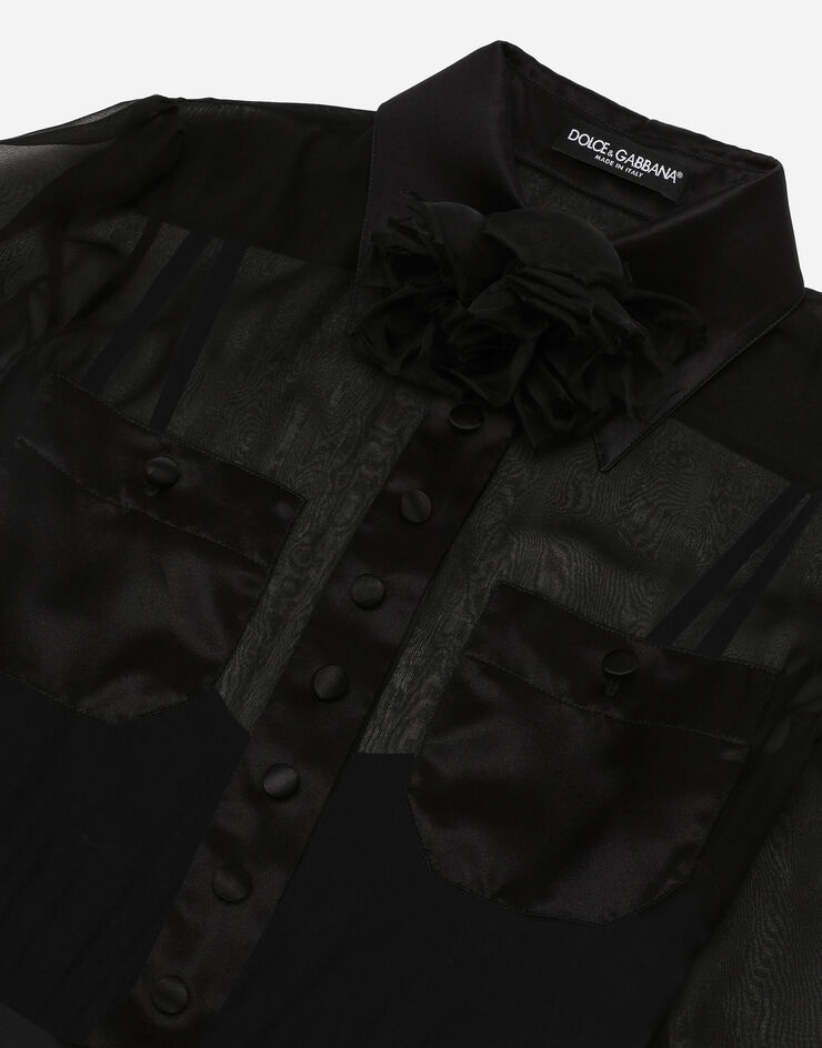 Dolce & Gabbana 새틴 디테일 시폰 미드카프 셔츠 드레스 블랙 F6IAJTFU1AT