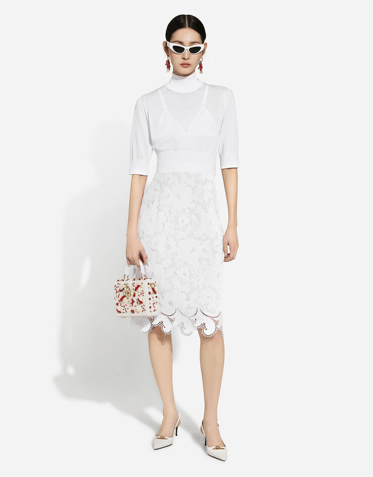 Dolce & Gabbana Cotton midi skirt with floral openwork detailing White F4CVRZFG6AD