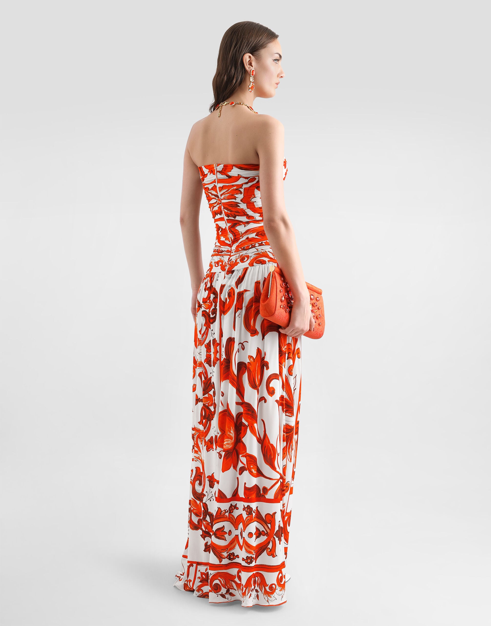 Majolica-print organzine long dress in Multicolor for Women