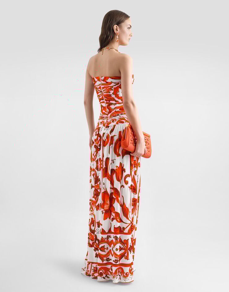 Dolce & Gabbana Vestido largo en organza con estampado de mayólica Multicolor F614VTFS8DR