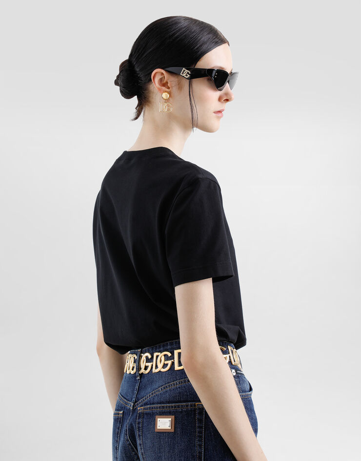 Dolce & Gabbana DG 徽标刺绣平纹针织 T 恤 黑 F8V42ZGDCYE