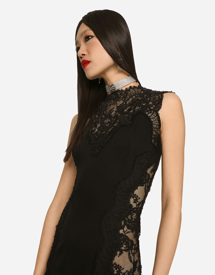 Dolce & Gabbana Charmeuse midi skirt with lace inserts Black F6R2FTFUADB
