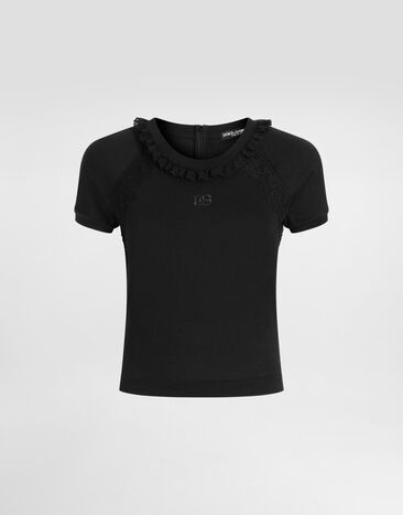 Dolce & Gabbana Camiseta en jersey con encaje y bordado Black F8V88ZGDDPN