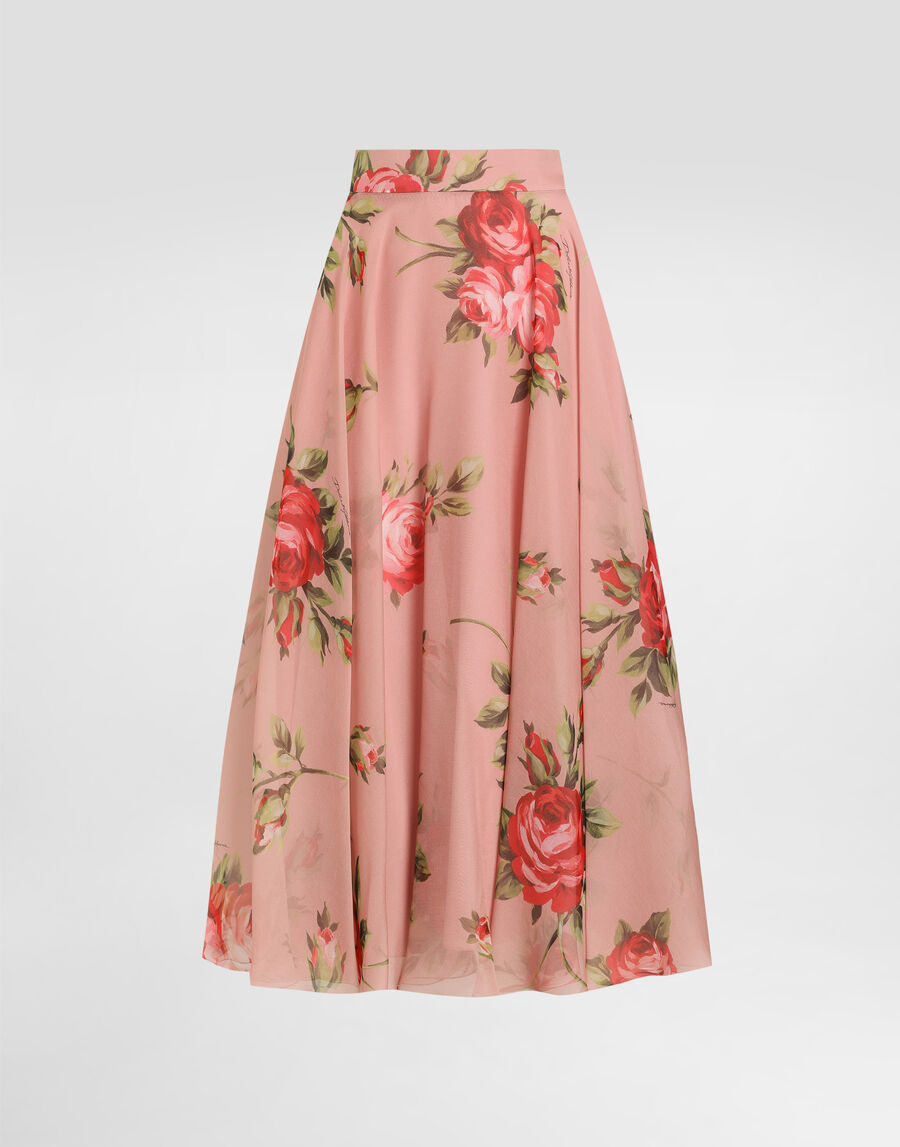Rose bouquet-print chiffon circle skirt