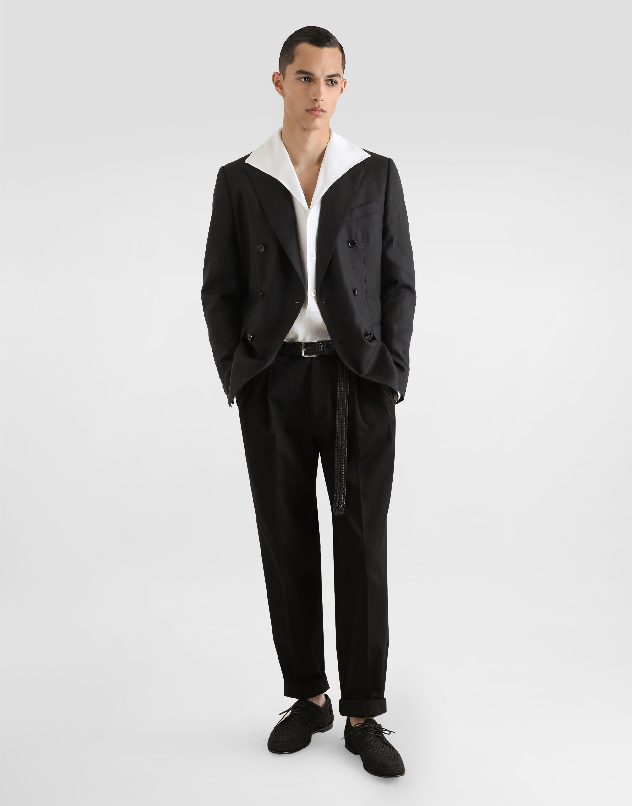 DOLCE&GABBANA モノクロ フロントボタン オープンシャツ Whiteのメンズ リネン ロングスリーブ 3ボタン シャツ