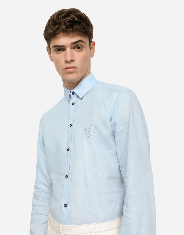 Linen Martinifit shirt with DG embroidery in Azure for Men Dolce
